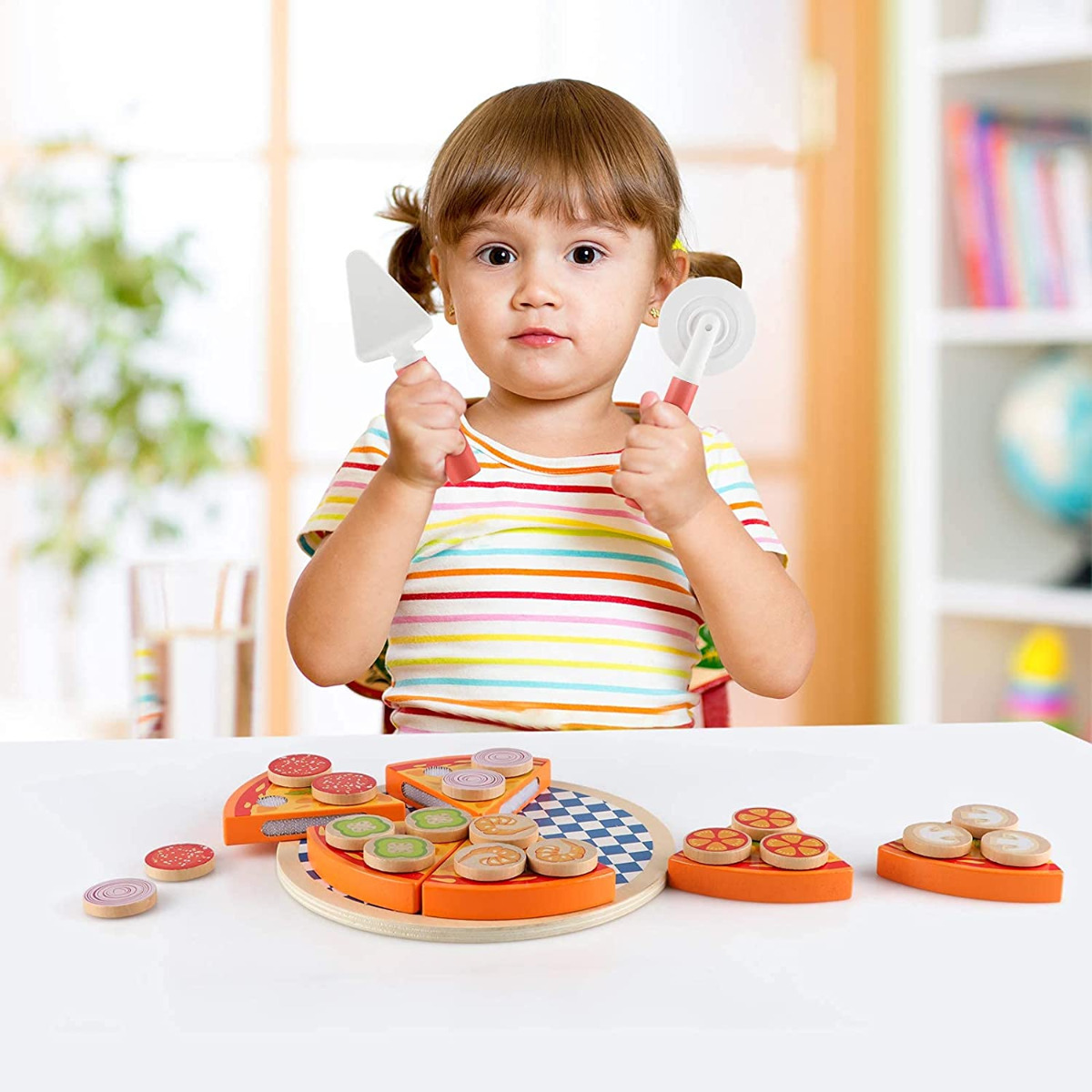 TG50033 DREWNIANA PIZZA DO KROJENIA UKŁADANKA NA RZEP RZEPY AKCESORIA NÓŻ