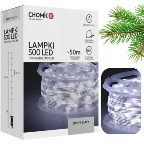 Lampki led micro na szpuli, 500l, choinkowe, świąteczne, zimny biały, 3+50m