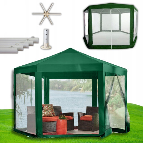 TG77596-1 duży NAMIOT OGRODOWY PAWILON HANDLOWY 6 ŚCIAN Z MOSKITIERĄ ALTANA DO OGRODU