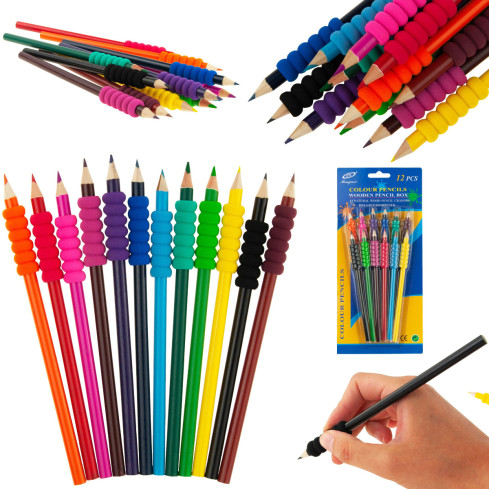 701801 KREDKI OŁÓWKOWE Z UCHWYTEM PIANKOWYM ZESTAW 12SZT