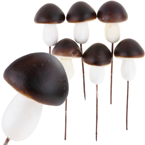 Grzybki dekoracyjne na piku, piankowe, brązowo-białe, z drucikiem, zestaw 6szt.
