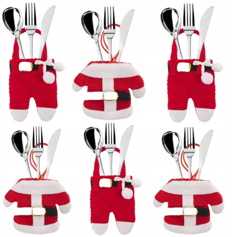 Etui na sztućce, pokrowiec świąteczny, dekoracja stołu, ubranko Mikołaja, czerwone, zestaw 6szt.