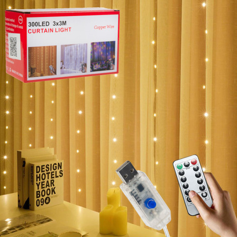 DC-27 KURTYNA ŚWIETLNA 3X3M BIAŁE CIEPŁE LAMPKI DEKORACJA ŚWIĄTECZNA