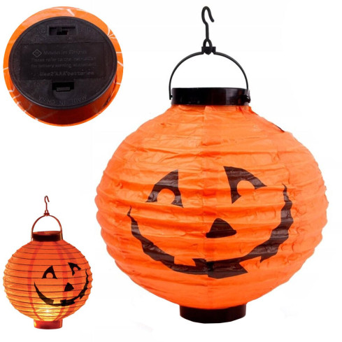 Lampion dynia, papierowy, pomarańczowy, świecący led, na baterie, dekoracje Halloween, 20cm