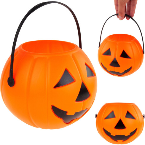 Wiaderko na słodycze cukierki, plastikowe, pomarańczowe, dynia, z rączką, dekoracje Halloween, średnica 15cm
