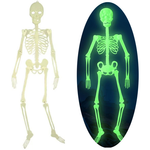 Wiszący szkielet, fluorescencyjny, świecący w ciemności, dekoracja Halloween, 140cm