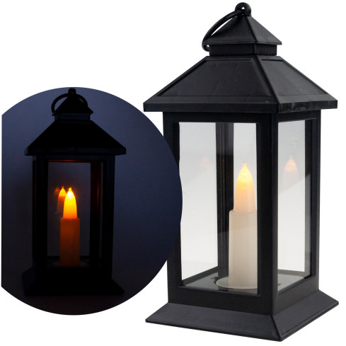 Latarnia lampion led, czarny, na baterie, ciepłe światło, imituje płomień, z rączką, wysokość 17cm