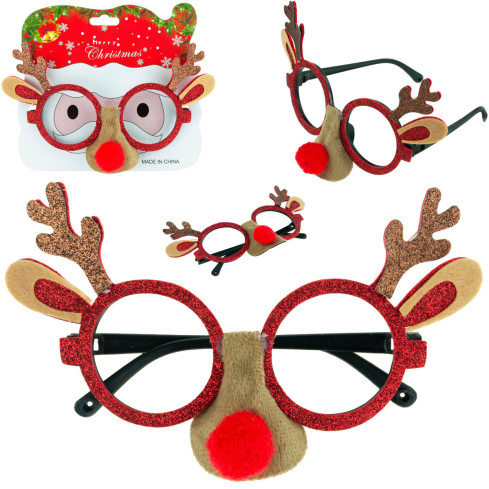 TG59740 OKULARY ŚWIĄTECZNE RENIFER CZERWONY NOS BROKATOWE ŚMIESZNE NA MIKOŁAJKI