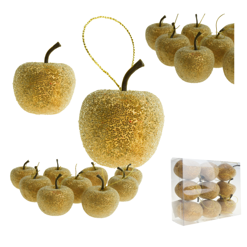TG61386-2 Bombki JABŁKA ZAWIESZKI NA CHOINKĘ BROKATOWE ozdoby JABŁUSZKA 9szt ZŁOTE