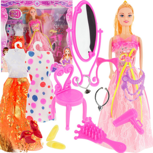 TG71060 LALKA Z AKCESORIAMI GARDEROBA UBRANIA DODATKI LUSTRO KRZESŁO SUSZARKA UBRANIA