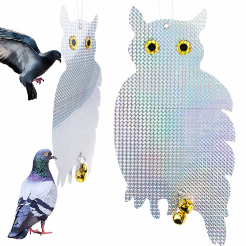 TG71383 ODSTRASZACZ GOŁĘBI SZPAKÓW PTAKÓW ODBLASKOWA SOWA siedząca HOLOGRAM DZWONKI