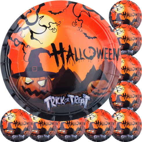 Talerze papierowe jednorazowe, wzór Halloween, z dyniami duchami, zestaw imprezowy, 10szt/kpl