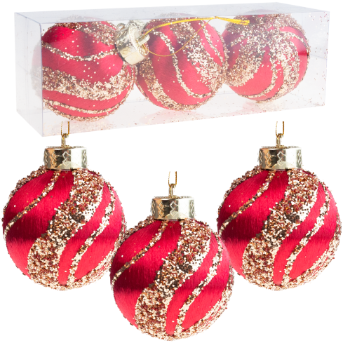 TG78532-3 BOMBKI STYROPIANOWE CZERWONE BORDOWE BROKAT ZAWIESZKA 3SZT