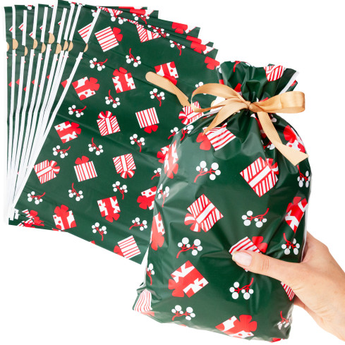 Worki prezentowe, torebki na prezenty, foliowe woreczki, Mikołajki, świąteczne, zestaw 10szt.