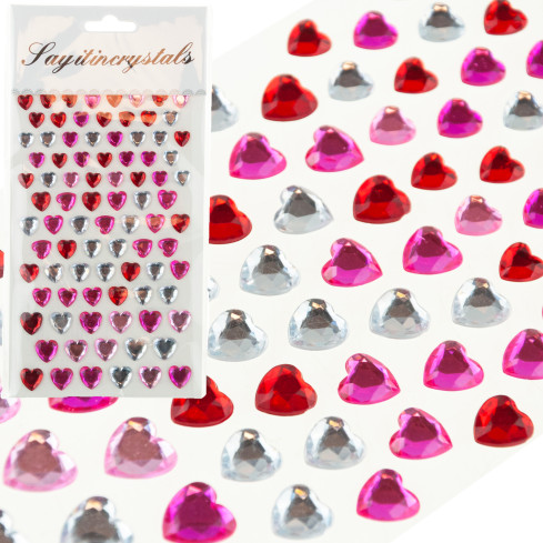 Kryształki samoprzylepne, naklejki cyrkonie, serca, serduszka, mix kolorów, zestaw 87szt.