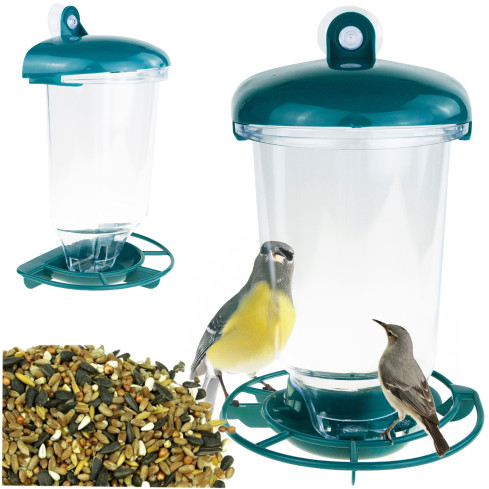 TG80443 KARMNIK DLA PTAKÓW wiszący NA KARMĘ ZIARNA PASZĘ NA OKNO PRZEZROCZYSTY Z DASZKIEM POIDEŁKO