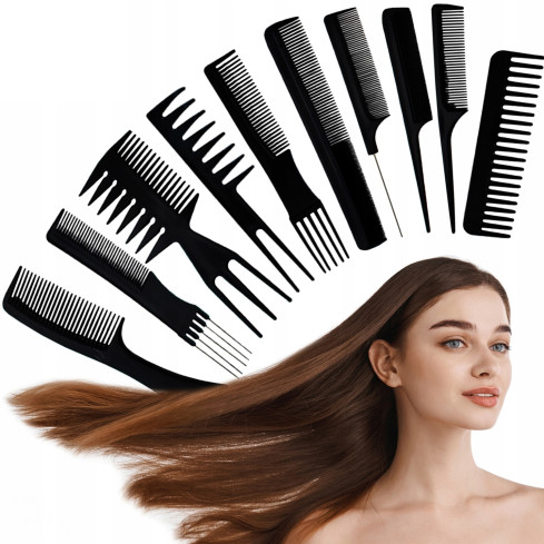 TG60641 GRZEBIENIE FRYZJERSKIE 10SZT ZESTAW ETUI CZARNE