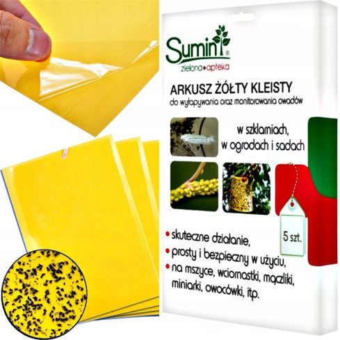 SUM10 ARKUSZ ŻÓŁTY KLEISTY 5SZT. PUŁAPKA KLEJOWA NA OWADY DO SZKLARNI OGRODU SADU
