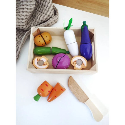 TG55486 WARZYWA DREWNIANE W SKRZYNCE DO KROJENIA CIĘCIA NA RZEPY ZESTAW Z NOŻYKIEM