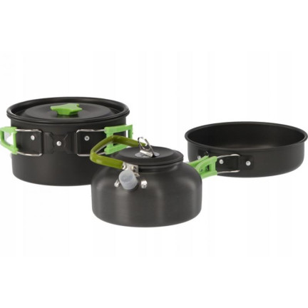CAM6834 NACZYNIA TURYSTYCZNE ZESTAW GARNKÓW SZTUĆCE POD NAMIOT BIWAK CZAJNIK 18W1