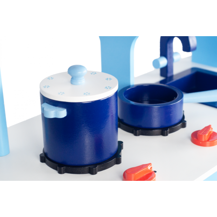 TG53008 KUCHNIA DREWNIANA DLA DZIECI AKCESORIA NIEBIESKA ZABAWKOWA DUŻA GARNKI