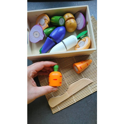 TG55486 WARZYWA DREWNIANE W SKRZYNCE DO KROJENIA CIĘCIA NA RZEPY ZESTAW Z NOŻYKIEM