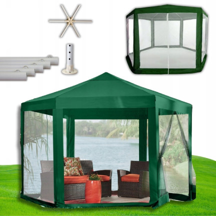 TG77596-1 duży NAMIOT OGRODOWY PAWILON HANDLOWY 6 ŚCIAN Z MOSKITIERĄ ALTANA DO OGRODU