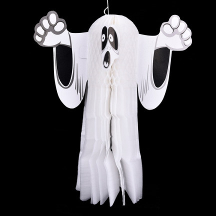 Wisząca dekoracja Halloween, papierowa, biała, duch duszek, 3d, 38cm