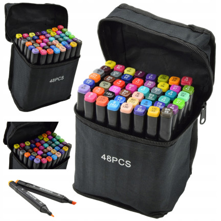 TG70308 MARKERY ALKOHOLOWE PISAKI DWUSTRONNE ZAKREŚLACZE 48SZT. ZESTAW+ETUI