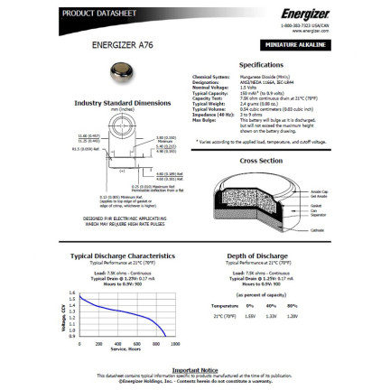 EN7 2x Bateria ENERGIZER A76 LR44 AG13 L1154 GPA76 PX76A
