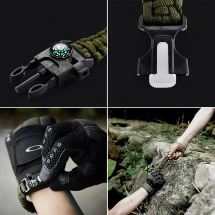 SS88 BRANSOLETKA SURVIVAL OPASKA 5W1 KOMPAS KRZESIWO LINKA OSTRZE LINKA PARACORD