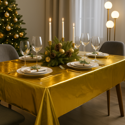 Obrus świąteczny, foliowy, złoty, błyszczący, dekoracje stołu, 137×274 cm