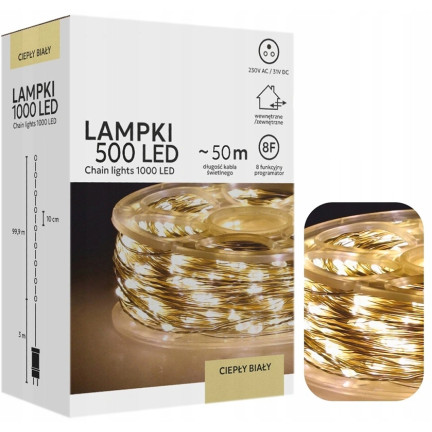 Lampki led micro na szpuli, 500l, choinkowe, świąteczne, ciepły biały, 3+50m