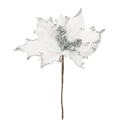 CV09145-1 GWIAZDA BETLEJEMSKA NA PIKU POINSECJA BIAŁA BROKATOWA DEKORACYJNA na STROIK