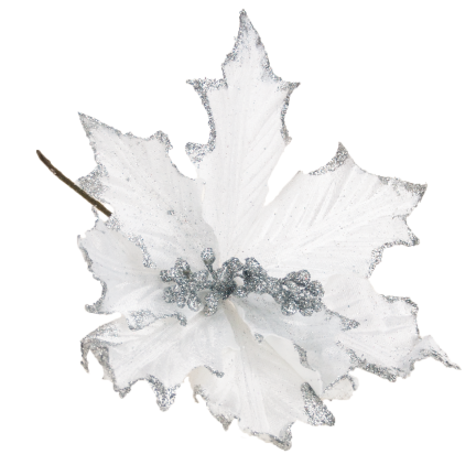 CV09145-1 GWIAZDA BETLEJEMSKA NA PIKU POINSECJA BIAŁA BROKATOWA DEKORACYJNA na STROIK