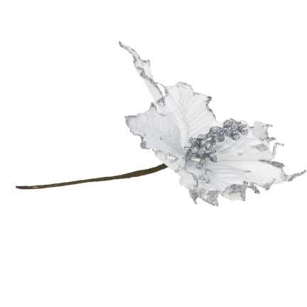 CV09145-1 GWIAZDA BETLEJEMSKA NA PIKU POINSECJA BIAŁA BROKATOWA DEKORACYJNA na STROIK