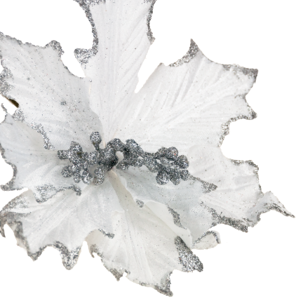 CV09145-1 GWIAZDA BETLEJEMSKA NA PIKU POINSECJA BIAŁA BROKATOWA DEKORACYJNA na STROIK