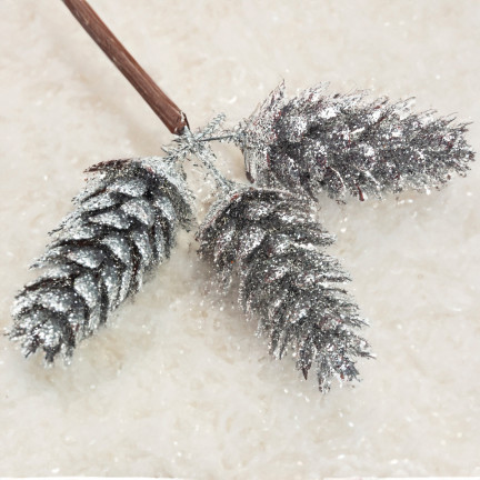 CV29786-1 SZYSZKI SZYSZKA OZDOBA NA PIKU 3szt SREBRNE NA CHOINKĘ DO STROIKA BROKATOWE