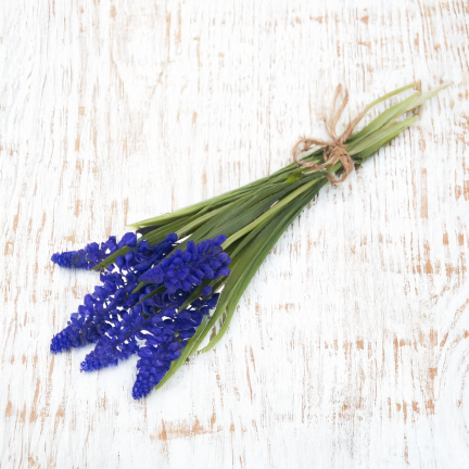 Bukiet sztucznych szafirków wiosennych, gumowe, niebieskie, w bukiecie, realistyczne, 4 gałązki, 28cm