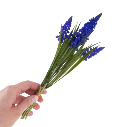 Bukiet sztucznych szafirków wiosennych, gumowe, niebieskie, w bukiecie, realistyczne, 4 gałązki, 28cm
