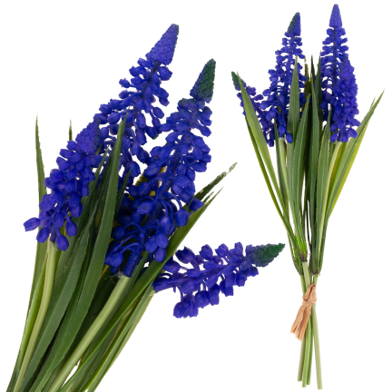 Bukiet sztucznych szafirków wiosennych, gumowe, niebieskie, w bukiecie, realistyczne, 4 gałązki, 28cm