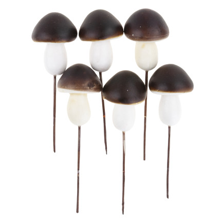 Grzybki dekoracyjne na piku, piankowe, brązowo-białe, z drucikiem, zestaw 6szt. 