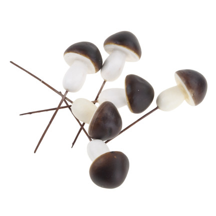 Grzybki dekoracyjne na piku, piankowe, brązowo-białe, z drucikiem, zestaw 6szt. 