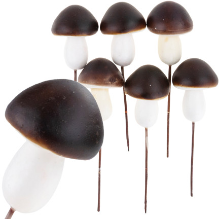 Grzybki dekoracyjne na piku, piankowe, brązowo-białe, z drucikiem, zestaw 6szt. 