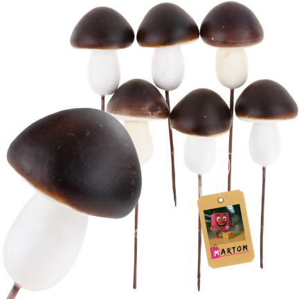 Grzybki dekoracyjne na piku, piankowe, brązowo-białe, z drucikiem, zestaw 6szt. 