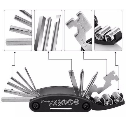 NN19 ZESTAW KLUCZY NARZĘDZI ROWEROWYCH MULTITOOL 16W1 IMBUSY ŚRUBOKRĘTY KLUCZE
