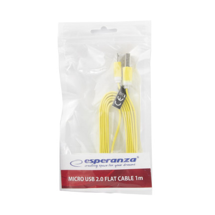 EB182Y ESPERANZA KABEL MICRO USB 2.0 A-B M/M 1.8M PŁASKI ŻÓŁTY