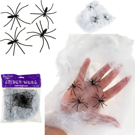 Sztuczna pajęczyna, biała, z pająkami, dekoracja Halloween, 4 pająki