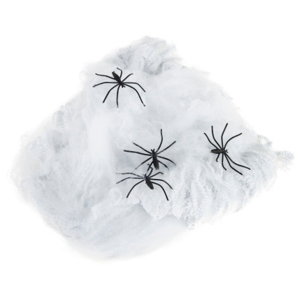 Sztuczna pajęczyna, biała, z pająkami, dekoracja Halloween, 4 pająki