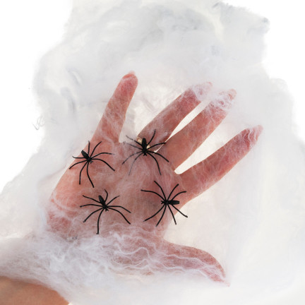 Sztuczna pajęczyna, biała, z pająkami, dekoracja Halloween, 4 pająki